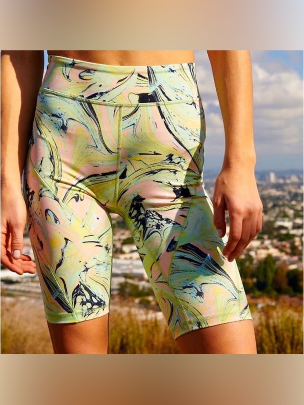 High-Waist Marble-Print Bike Shorts in Pastel Green and Pink